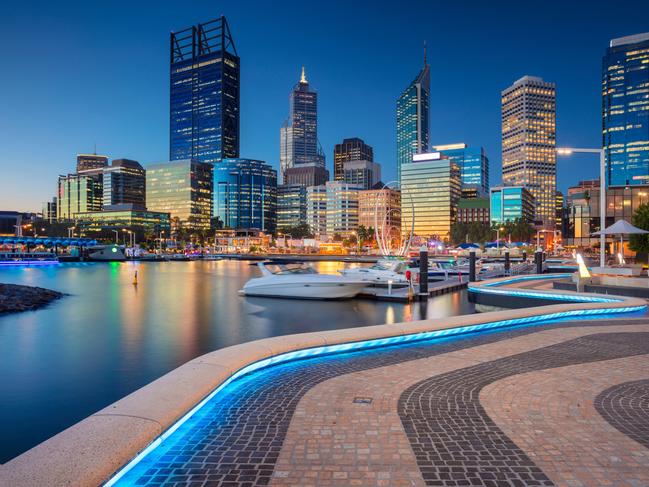 Cityscape image of Perth downtown skyline, Australia during sunset.