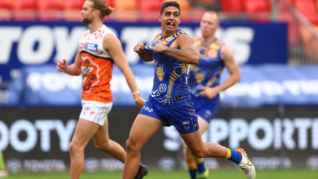 Isiah Winder of the Eagles celebrates kicking a goal during the round 10 AFL match between the Greater Western Sydney Giants and the West Coast Eagles at GIANTS Stadium on May 22, 2022 in Sydney, Australia. (Photo by Mark Metcalfe/AFL Photos/Getty Images)