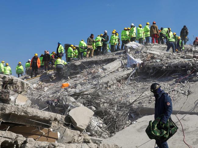 Rescuers search for survivors among destroyed buildings in Nurdagi in Gaziantep. Picture: AFP