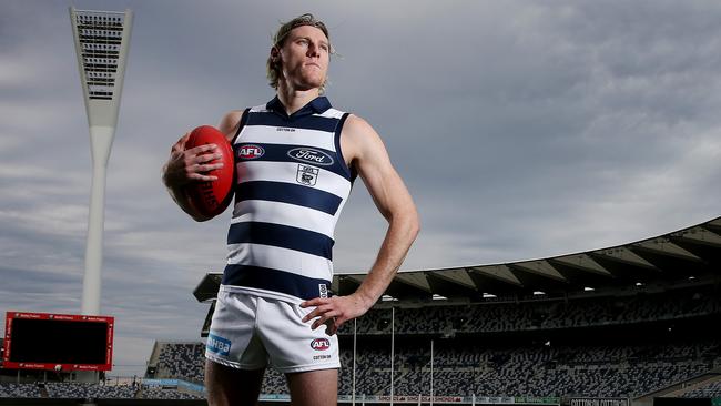 Mark Blicavs wears the Cats’ heritage jumper. Picture: Michael Klein