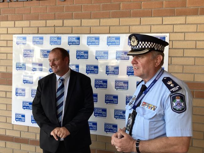 Celebrating a win after police arrested 15 people on property, weapons and drugs charges are (from left) Kingaroy Detective Sergeant Scott Prendergast and Darling Down Darling Downs District Acting Superintendent Danny Shaw.