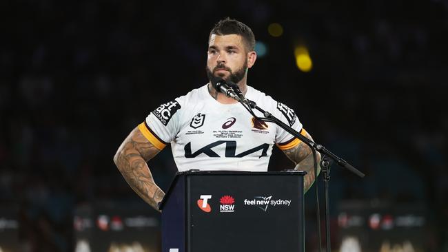 Adam Reynolds of the Broncos speaks on stage after the 2023 NRL Grand Final match between Penrith Panthers and Brisbane Broncos at Accor Stadium on October 01, 2023 in Sydney, Australia. (Photo by Matt King/Getty Images)