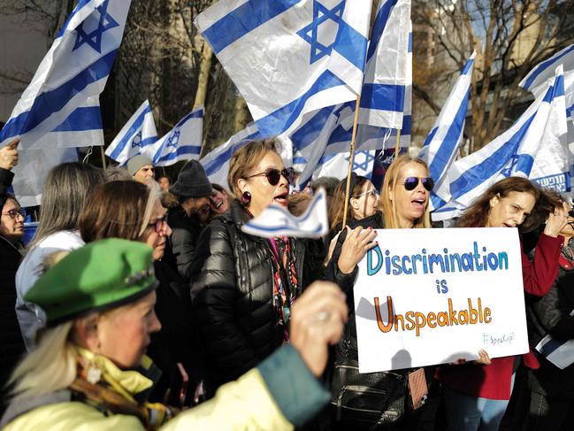 Demonstrators gather during a "#metoo unless you are a Jew" protest outside of United Nations headquarters in New York City. Picture: AFP