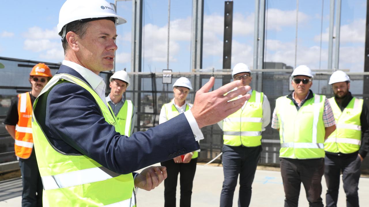 Plenary Group chief investment office Paul Crowe speaking in December at the “topping out” ceremony for the Crowne Plaza hotel. Picture: Alan Barber.