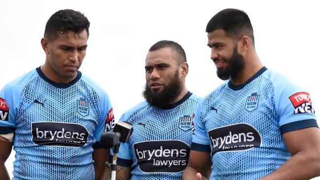 NSW Blues props Daniel Saifiti, Junior Paulo and Payne Haas make a formidable Origin pack. Picture: Matt Roberts/Getty Images