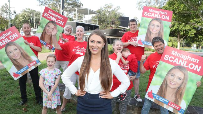 Labor Gaven candidate Meaghan Scanlon and a group of her "red army" volunteers. Picture: Richard Gosling