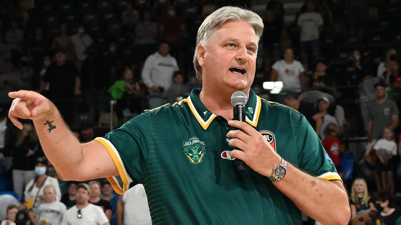 HOBART, AUSTRALIA - MARCH 13: Scott Roth Head Coach of the Jackjumpers addresses the fans during the round 15 NBL match between Tasmania Jackjumpers and Illawarra Hawks at MyState Bank Arena on March 13, 2022, in Hobart, Australia. (Photo by Steve Bell/Getty Images)