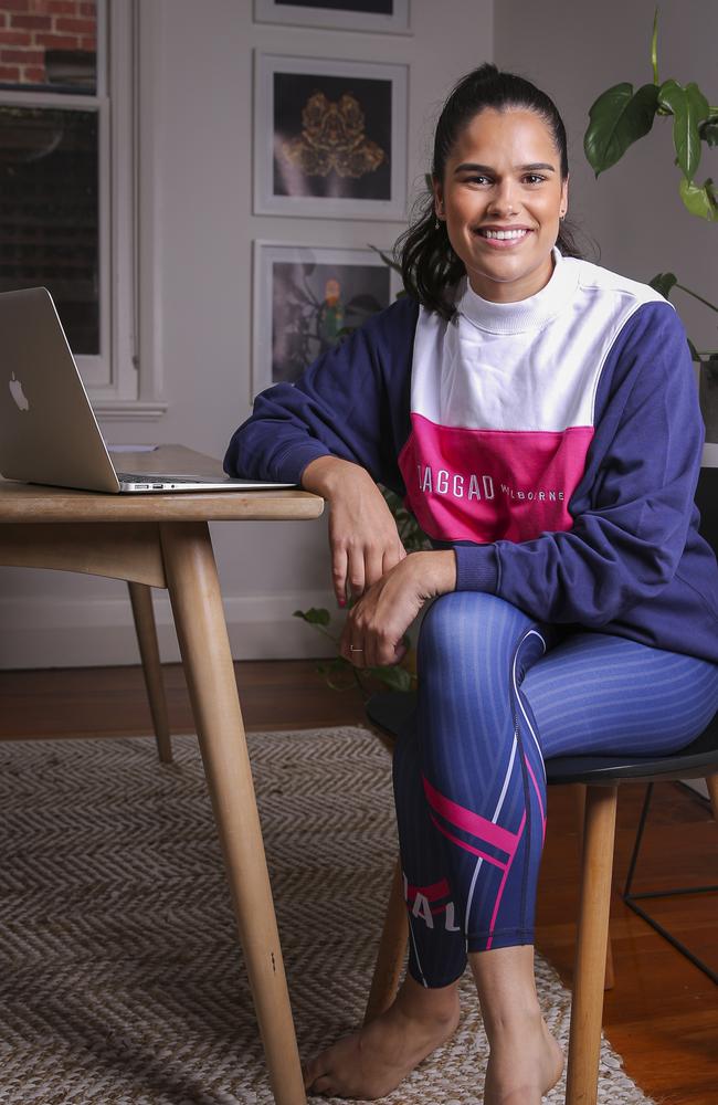 Liv Jacobs in her Jaggad activewear, while working from home. Picture: Wayne Taylor