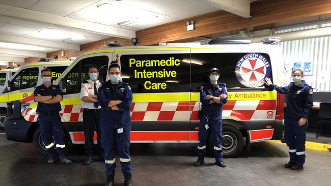 SUPPORTING MATES: Paramedics at Lismore Ambulance station are standing up for RUOK? Day and supporting their mates on the frontline and the back office. L-R Mathew Dugard, Acting Supt Greg Powell, Taylor French, Luke Wyld and Acting Insp Kat McAnelly. Photo: Alison Paterson