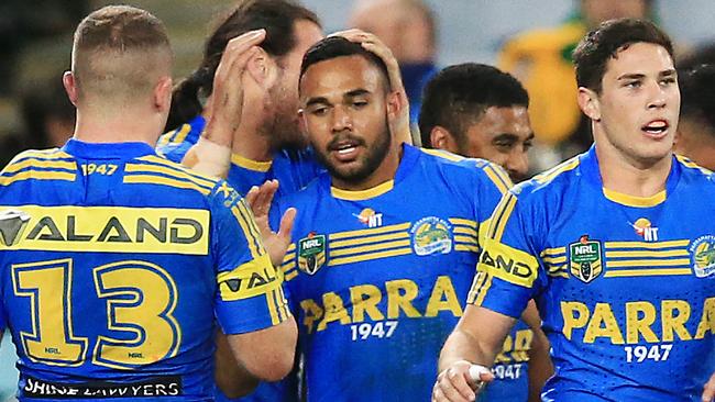Bevan French of the Eels celebrates a try.