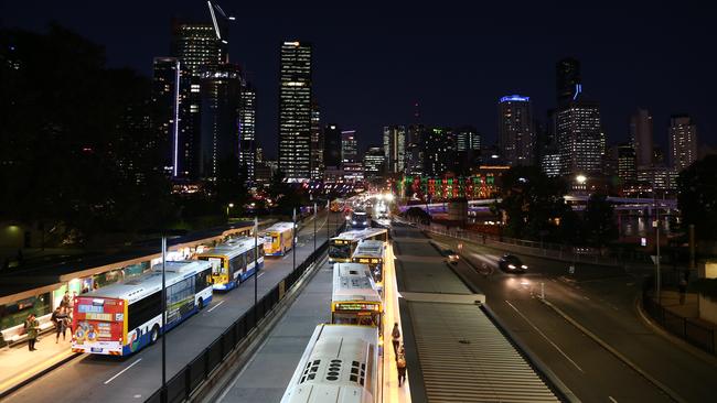 Queensland Translink Buses pull up at the Southbank interchange after crossing over the Victoria Bridge from the city, Brisbane 2019 Picture AAP/David Clark