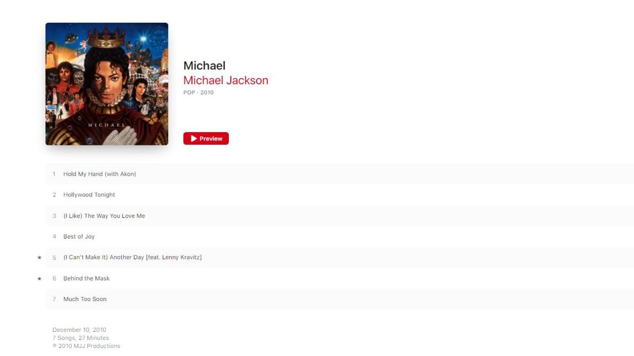 Apple Music has seven out of the 10 songs from Michael are available to purchase. Picture: Apple Music