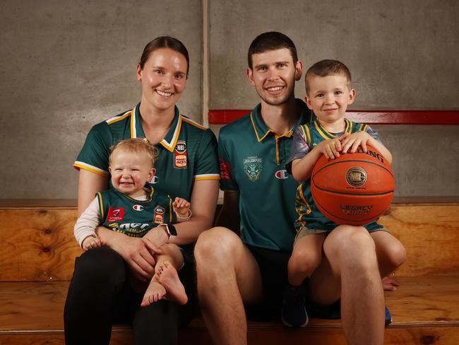 JackJumpers captain Clint Steindl with wife and former WNBL player Kayla and children Addison and Noah before his 300th NBL game in November last year. Picture: Nikki Davis-Jones