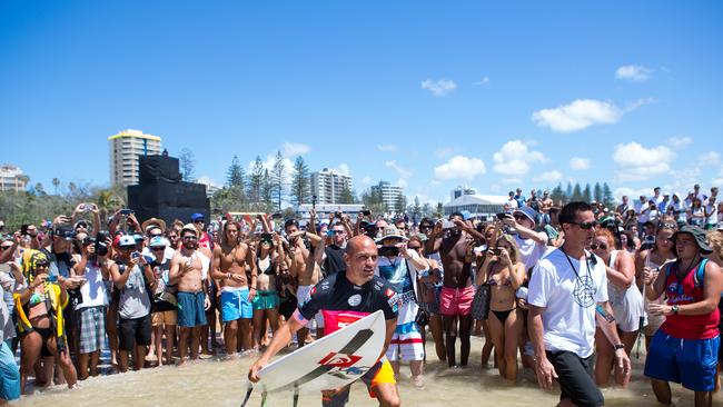 Kelly Slater will be surfing Snapper Rocks, Gold Coast, from 4pm on Saturday, April 27, in a specialty world champs heat against Mick Fanning, Joel Parkinson, Mark Occhilupo and Steph Gilmore. Picture ASP Kirstin Scholtz