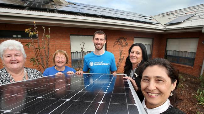 Solar Homes Minister Lily D’Ambrosio inspects a solar panel at an aged care facility. Picture: Glenn Ferguson