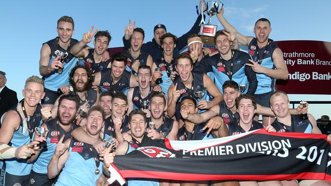 Aberfeldie celebrates its victory in last year’s EDFL footy grand final against Greenvale. Picture: Hamish Blair