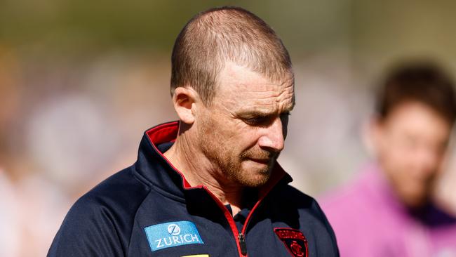 ALICE SPRINGS, AUSTRALIA - JUNE 02: Simon Goodwin, Senior Coach of the Demons looks on during the 2024 AFL Round 12 match between the Melbourne Demons and the Fremantle Dockers at TIO Traeger Park on June 02, 2024 in Alice Springs, Australia. (Photo by Michael Willson/AFL Photos via Getty Images)