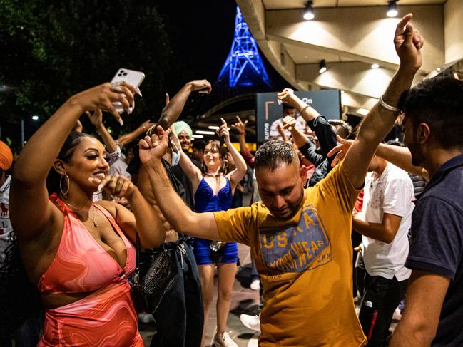 Revellers celebrate the new year along St. Kilda Road. Picture: Getty