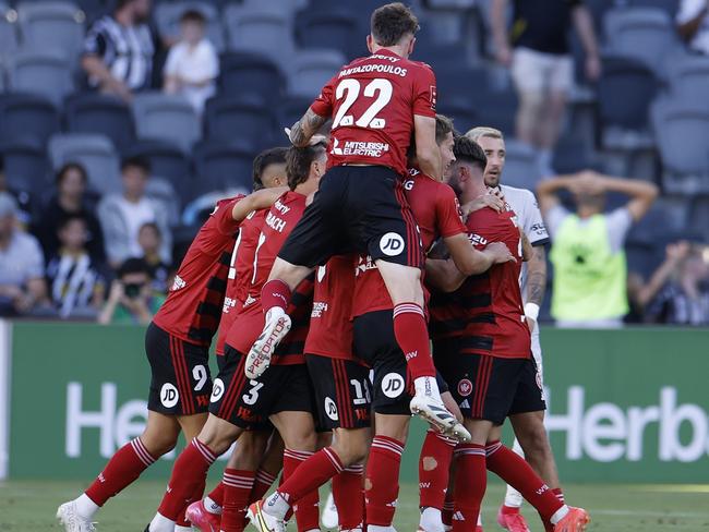 SYDNEY, AUSTRALIA - FEBRUARY 16: Brandon Borrello of the Wanderers celebrates a goal during the round 19 A-League Men match between Western Sydney Wanderers and Macarthur FC at CommBank Stadium, on February 16, 2025, in Sydney, Australia. (Photo by Darrian Traynor/Getty Images)