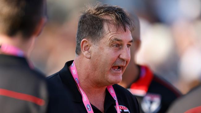 MELBOURNE, AUSTRALIA – MARCH 03: Ross Lyon, Senior Coach of the Saints addresses his players during the 2023 AFL practice match between the St Kilda Saints and the Essendon Bombers at RSEA Park on March 3, 2023 in Melbourne, Australia. (Photo by Michael Willson/AFL Photos via Getty Images)