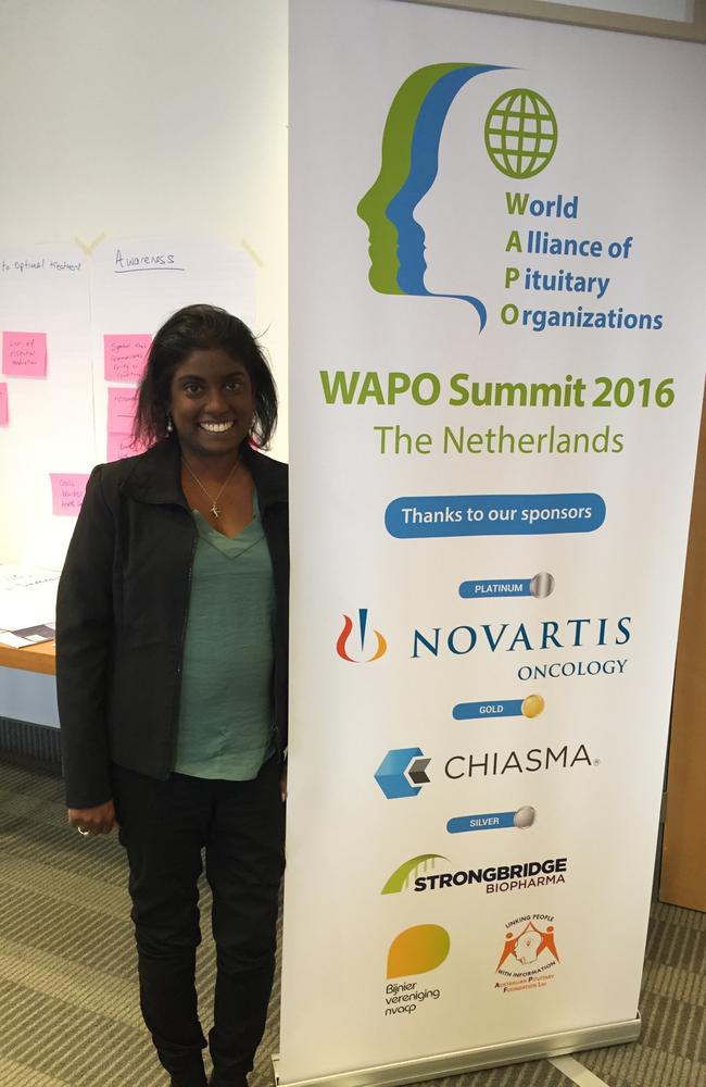 Malini Raj in her role as an advocate at the World Alliance of Pituitary Organisations Summit in 2016 in The Netherlands. Picture: Supplied