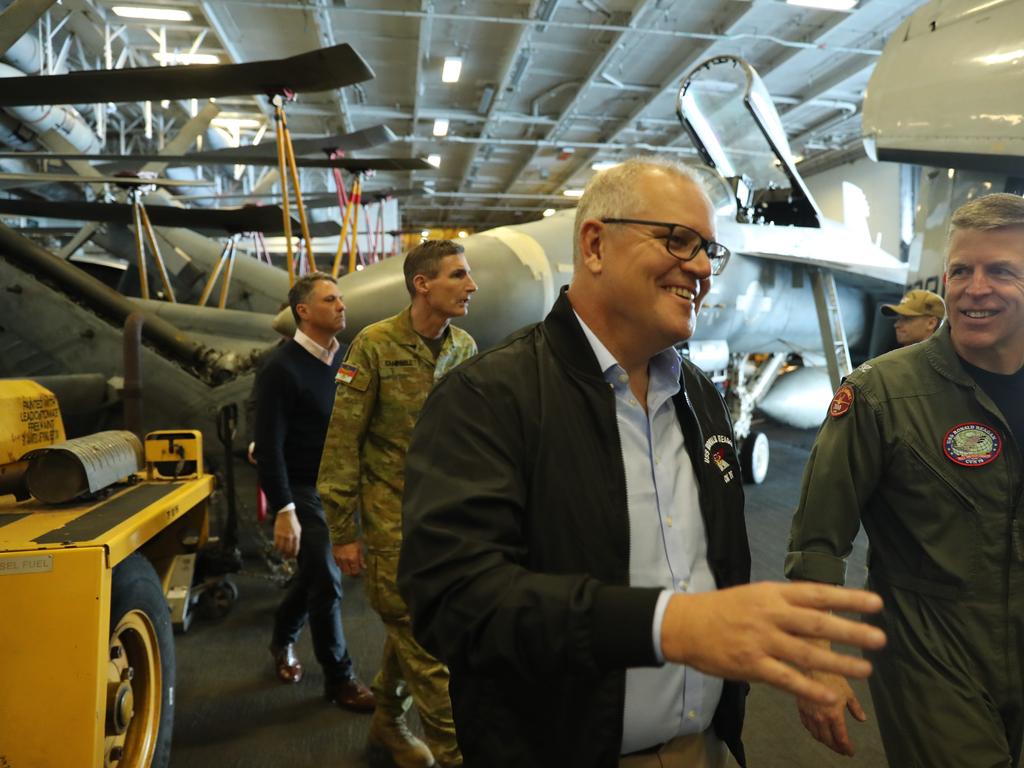 Australian Prime Minister Scott Morrison visits USS Ronald Reagan. Picture: Adam Taylor