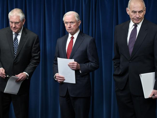 US Secretary of State Rex Tillerson, Attorney General Jeff Sessions, and Homeland Security Secretary John Kelly arrive to deliver remarks on visa travel at the US Customs and Border Protection Press Room. Picture: AFP