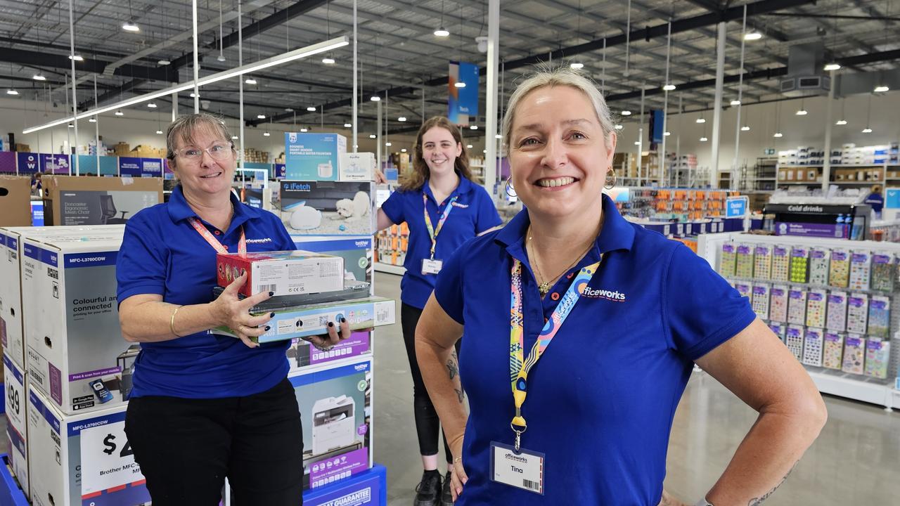 Getting ready for the opening of the new Officeworks Toowoomba on the corner of James and West Streets are (from left) store coordinator Tracey Eade, store manager Tina Foelz and store coordinator Stacey Peterson.