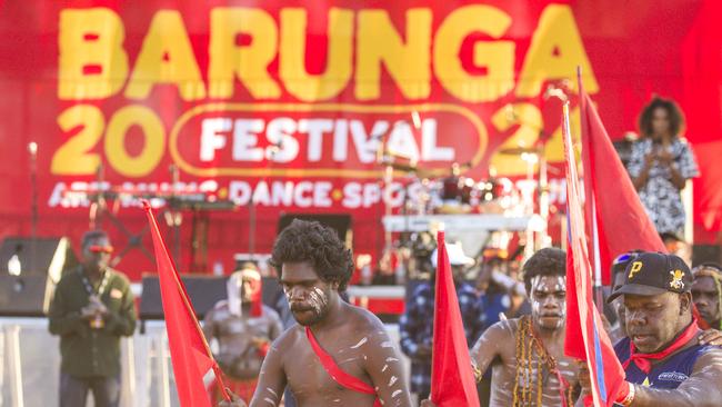 Bungul time begins with the famed Red Flag Dancers from Numbulwar at the annual Barunga Festival. Picture: NewsWire / Glenn Campbell