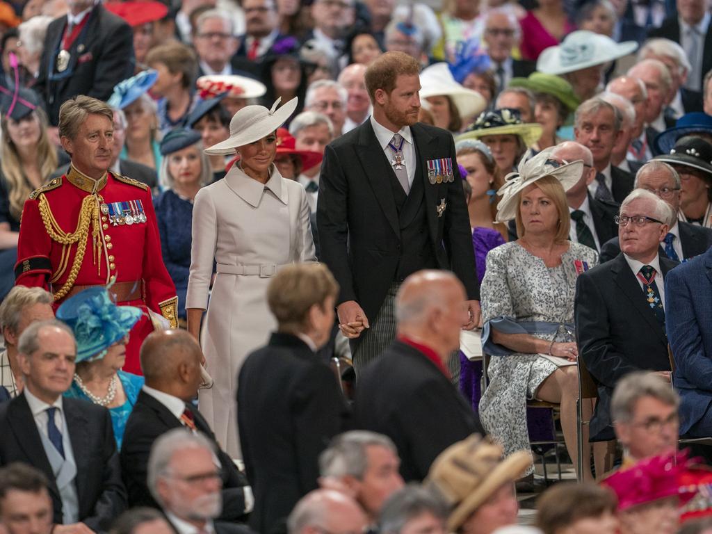 All eyes were on Prince Harry and Meghan at the service of thanksgiving for the Queen. Picture: Getty.