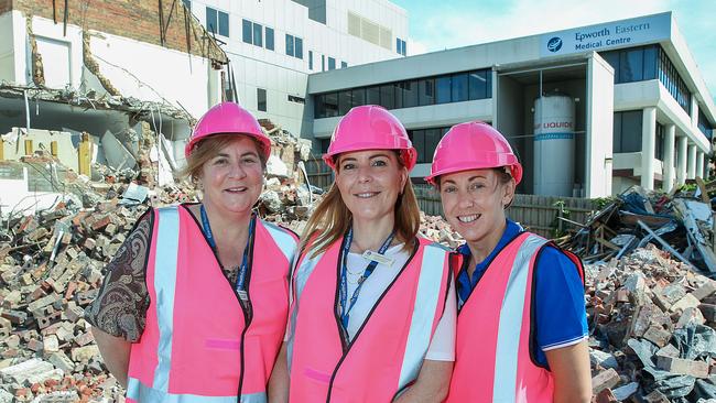 Redevelopment manager Karyn Bone, Epworth Eastern executive director Louise O'Connor and nurse unit manager Jasmine Kumar celebrate the start of the expansion. Picture: Ian Currie