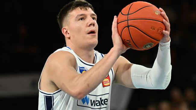 CAIRNS, AUSTRALIA - SEPTEMBER 28: Dejan Vasiljevic of the 36ers  lines up a free throw during the round two NBL match between Cairns Taipans and Adelaide 36ers at Cairns Convention Centre, on September 28, 2024, in Cairns, Australia. (Photo by Emily Barker/Getty Images)