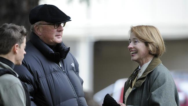 Gai Waterhouse speaks to Lloyd Williams and Nick Hall at trackwork.