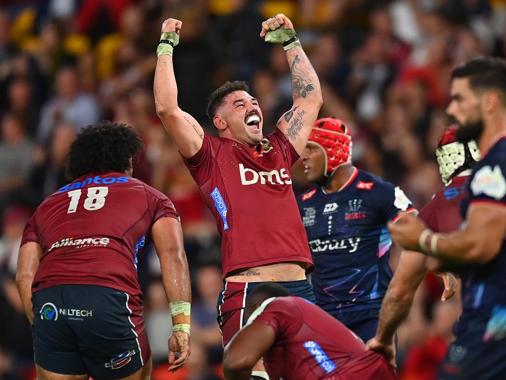 Queensland’s Jeff Toomaga-Allen celebrates the Reds’ victory. Picture: Getty Images