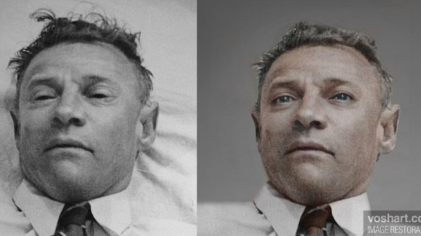 Left, the Somerton Manmay in an autopsy photo – right, Daniel Voshart’s new image made with AI. Picture: Daniel Voshart