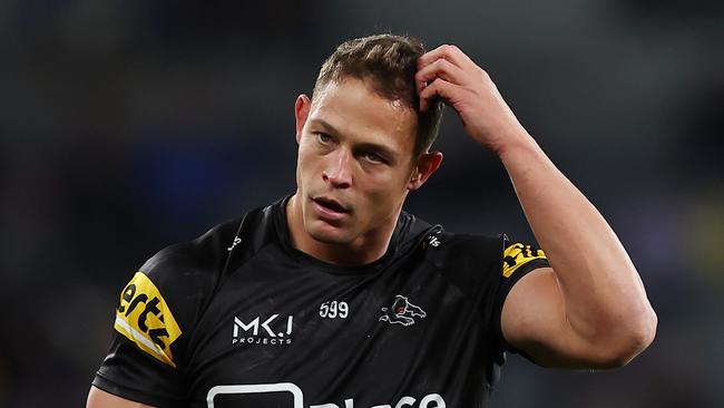 SYDNEY, AUSTRALIA - AUGUST 09: Scott Sorenson of the Panthers warms up prior to the round 23 NRL match between Parramatta Eels and Penrith Panthers at CommBank Stadium, on August 09, 2024, in Sydney, Australia. (Photo by Jeremy Ng/Getty Images)