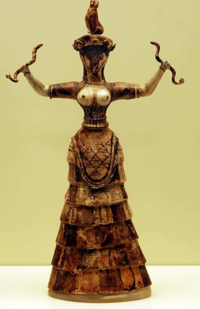 Minoan icon ... One of several statues of the Minoan Snake Goddess dating from approximately 1600BC. Little more is known about her identity apart from that gained from the snake-adorned figurines. Source: Wikipedia