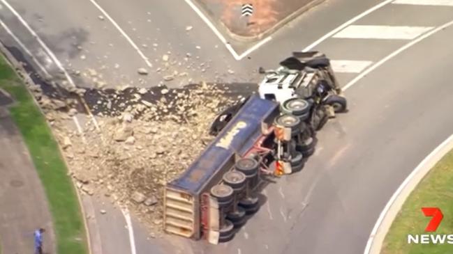 A truck has rolled over on Darlington Road and Stanmore Road in Yatala. Picture: 7 News Gold Coast