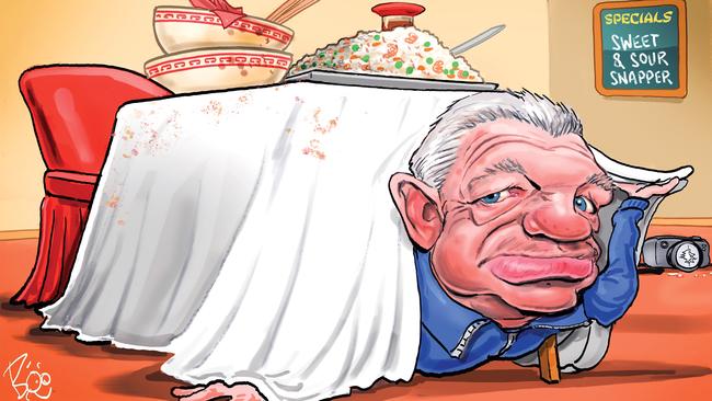 Phil 'Gus' Gould continued his habit of indulging in not-so-secret meetings. Artwork: Scott 'Boo' Bailey.