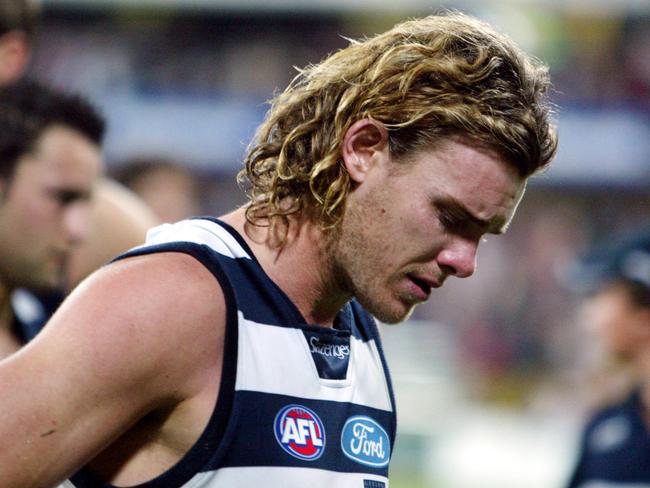 Geelong's Cameron Mooney struggled to hide his emotions post-match.