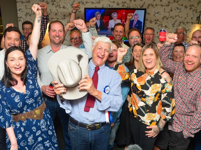 2025 Federal Elections Katter Party. Post polling day Katter Party members at Jam Restaurant in Townsville as the count begins. Bob celebrates with his supporters.