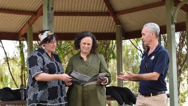 Cr Melinda Jones, Carly Baker Burnham, and Rural Aid CEO John Warlters in Monto. Picture: Sam Turner