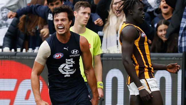 Jack Silvagni celebrates his late goal. Picture: Michael Willson/AFL Photos via Getty Images