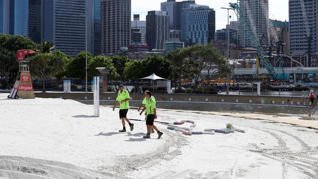 The South Bank lagoon has been drained for maintenance, leaving only the kids’ water area and boat pool functioning. Picture: Liam Kidston