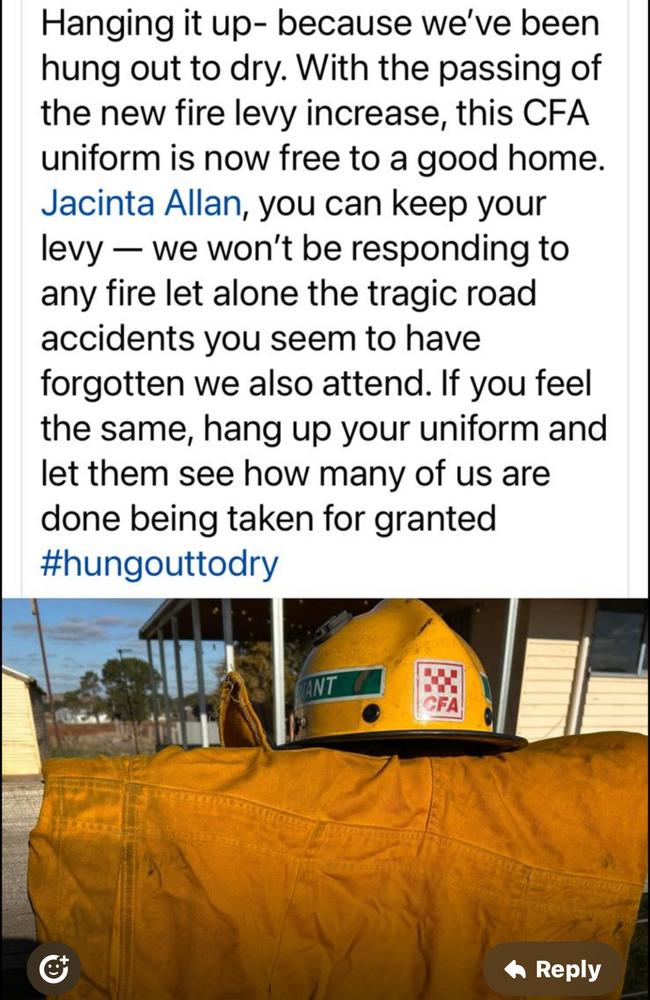 CFA members say they are quitting their brigades in protest of the looming hike in the fire services levy. Picture: Supplied