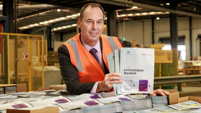 Deputy Electoral Commissioner Jeff Pope with Yes and No pamphlets at IVE printing in Sunshine, ahead of the Voice referendum. Picture: David Geraghty