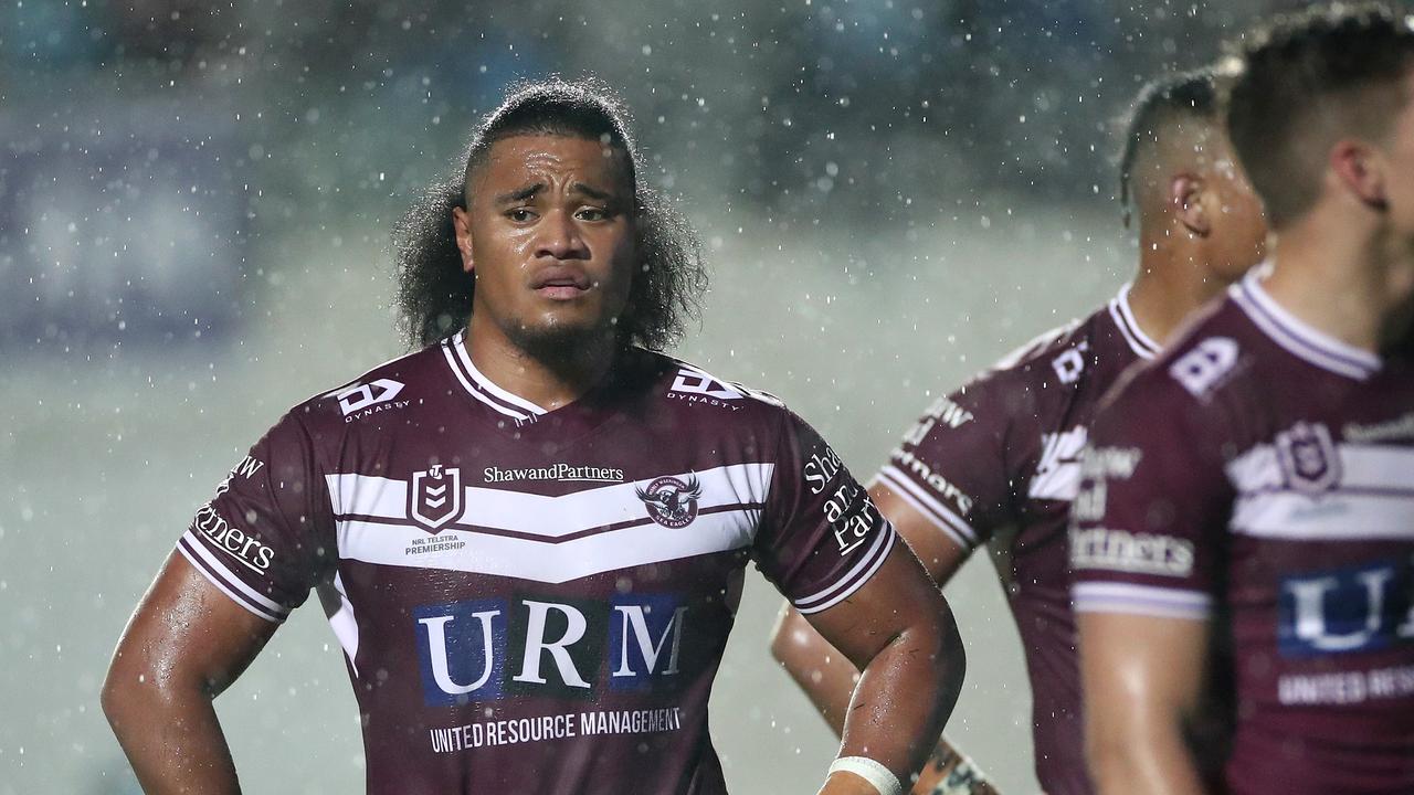 SYDNEY, AUSTRALIA - AUGUST 07: Moses Suli of the Sea Eagles looks on dejected during the round 13 NRL match between the Manly Sea Eagles and the New Zealand Warriors at Lottoland on August 07, 2020 in Sydney, Australia. (Photo by Cameron Spencer/Getty Images)