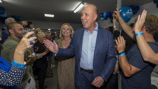 Federal Member for Dickson Peter Dutton arrives with his wife Kirilly to celebrate the win of the Dickson Electorate against Ali France in the Federal Election in Strathpine on Election Night in Brisbane, Saturday, 18 May, 2019. Approximately 16.5 million Australians will vote in what is tipped to be a tight election contest between Australian Prime Minister Scott Morrison and Australian Opposition leader Bill Shorten. (AAP Image/Glenn Hunt) NO ARCHIVING