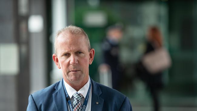 Police union president Ian Leavers leaves Brisbane Magistrates court after giving evidence at the Hannah Clarke inquest. Picture: Brad Fleet