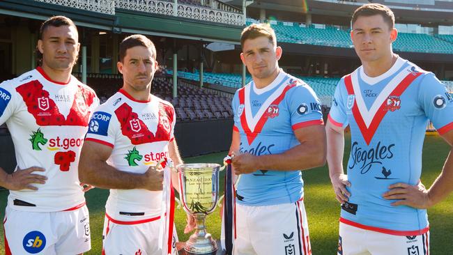 St George Illawarra players Jaydn Su'A and Ben Hunt and Sydney Roosters players Victor Radley and Joseph Manu. Picture: Tim Pascoe